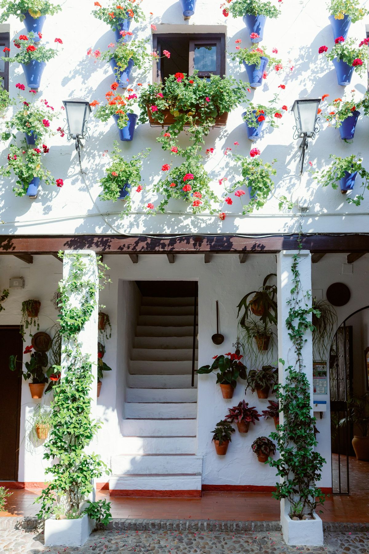 Traditional Cordoba courtyard building covered with colourful flowers