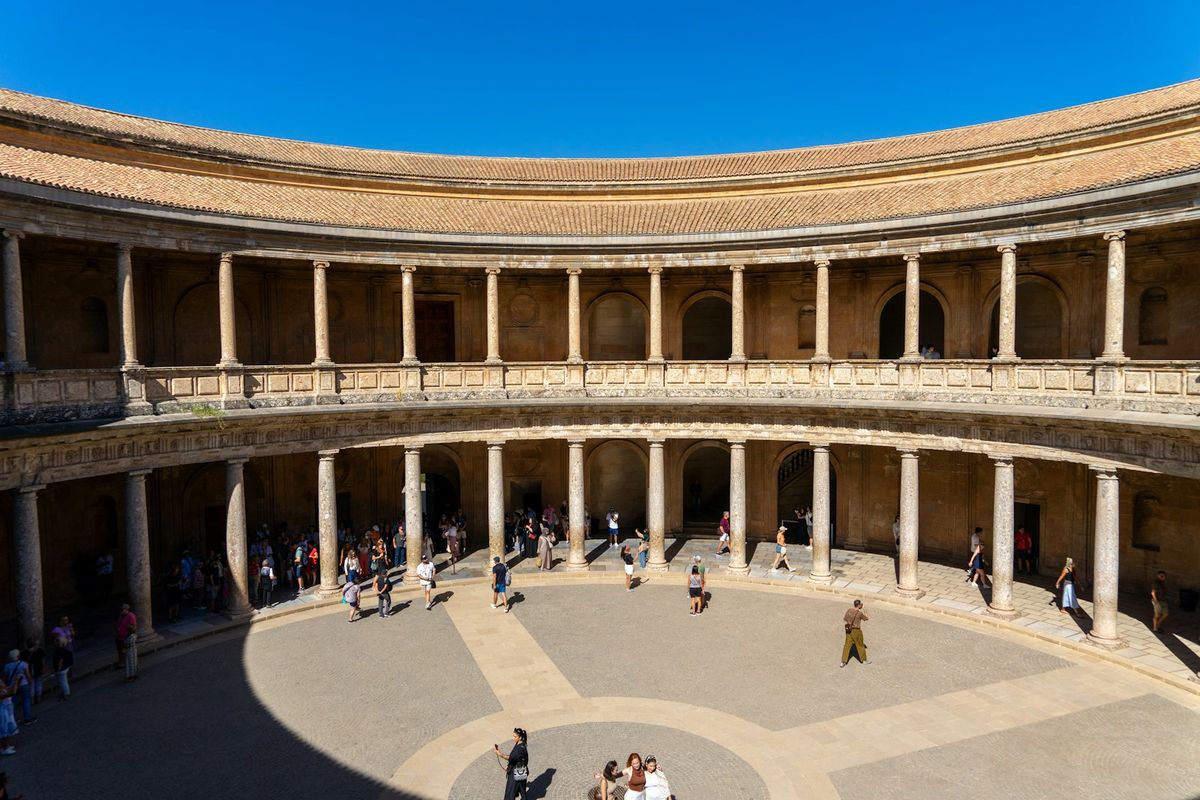 Circular courtyard with colonnades at the Alhambra, Granada