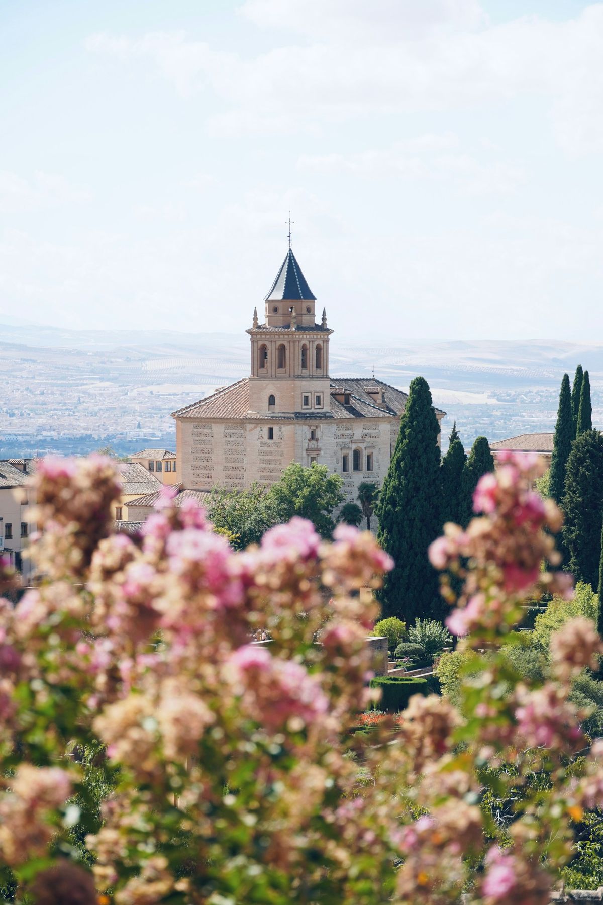 Generalife gardens with trees and flowers at the Alhambra, Granada