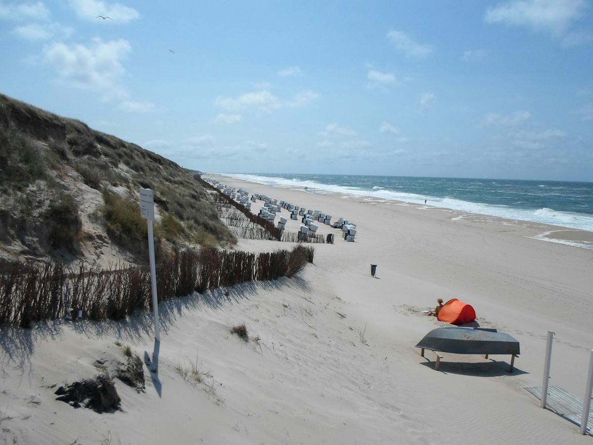 Row of traditional Strandkorb beach chairs on Sylt island