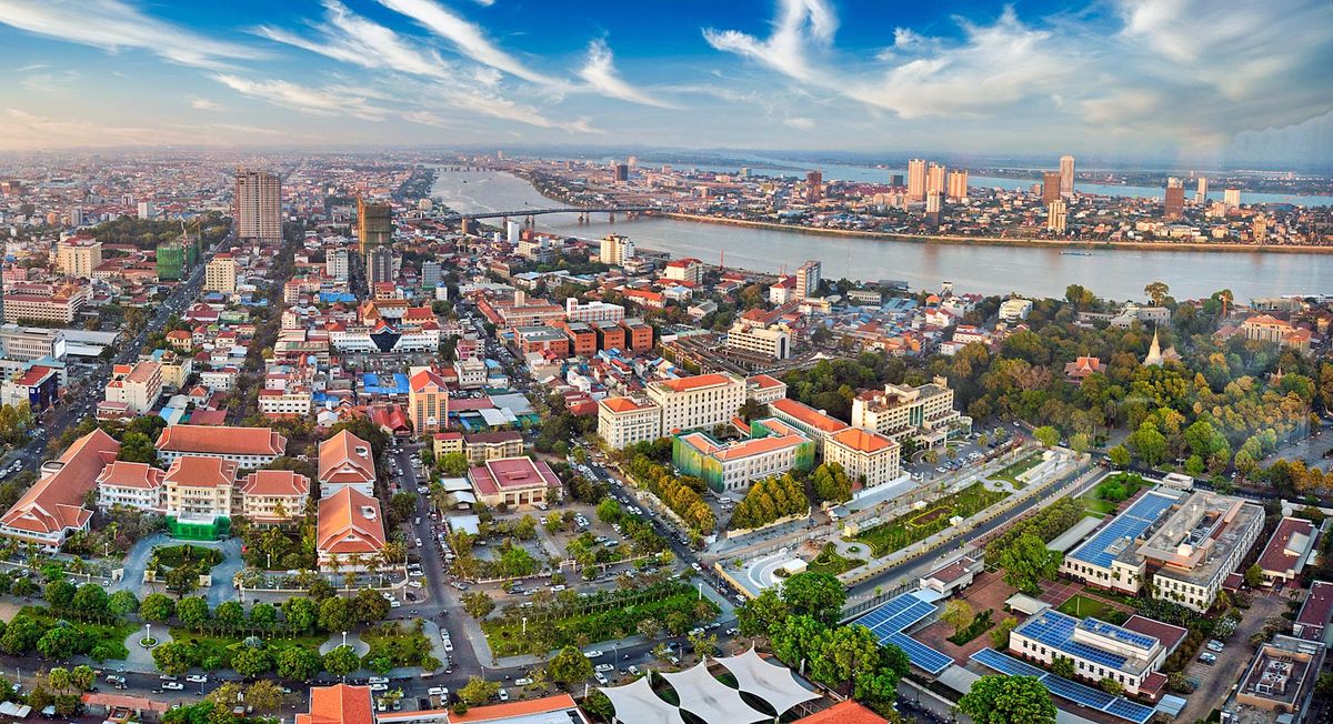 Aerial view of Phnom Penh city buildings, Cambodia