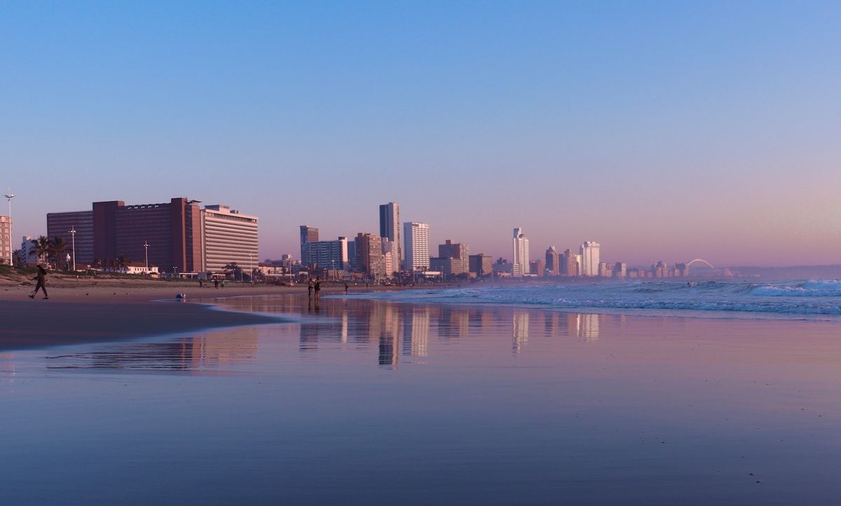 Durban beachfront with city skyline, South Africa