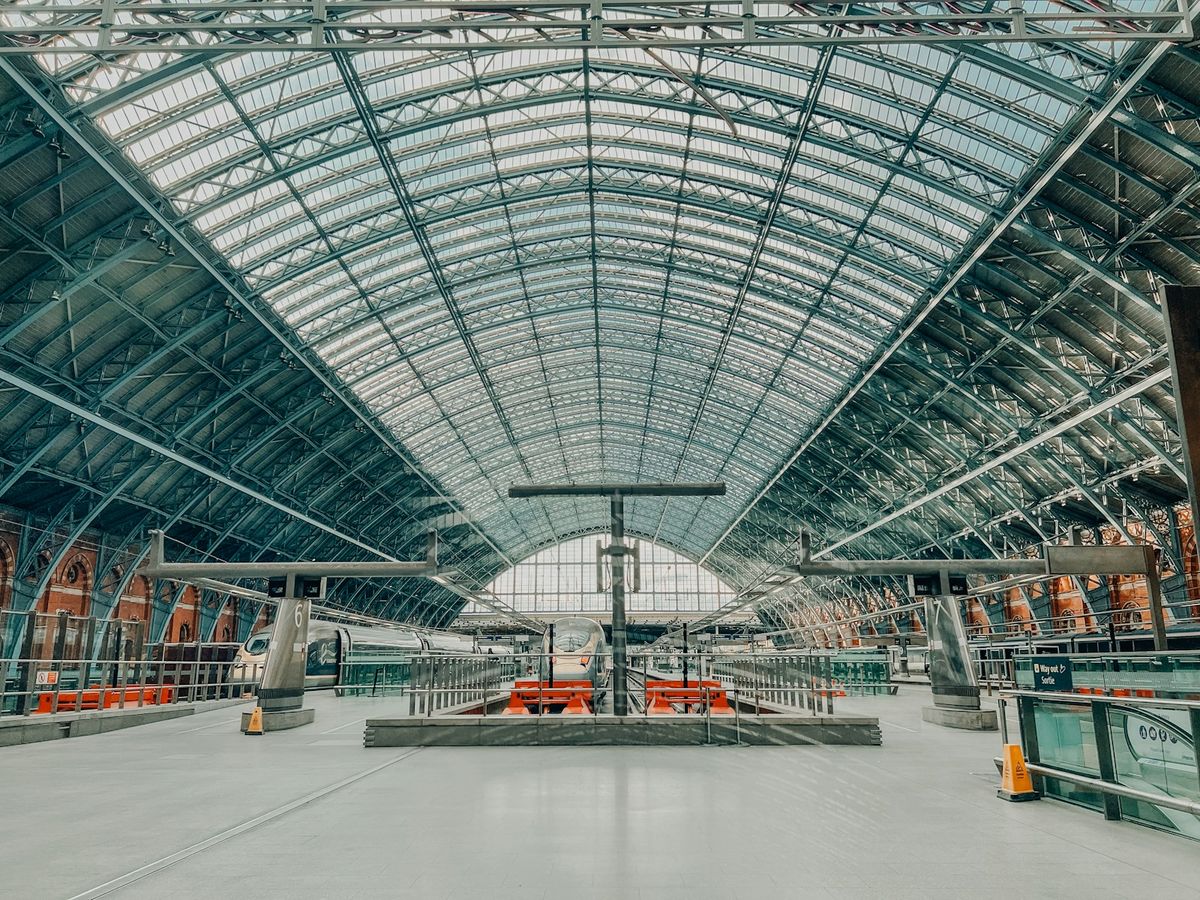 St Pancras station glass roof with Victorian brick facade