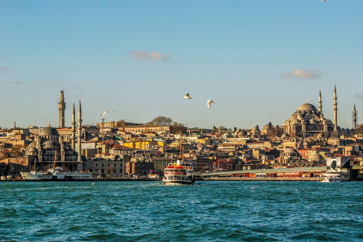 Istanbul city skyline with mosques and the Bosphorus strait