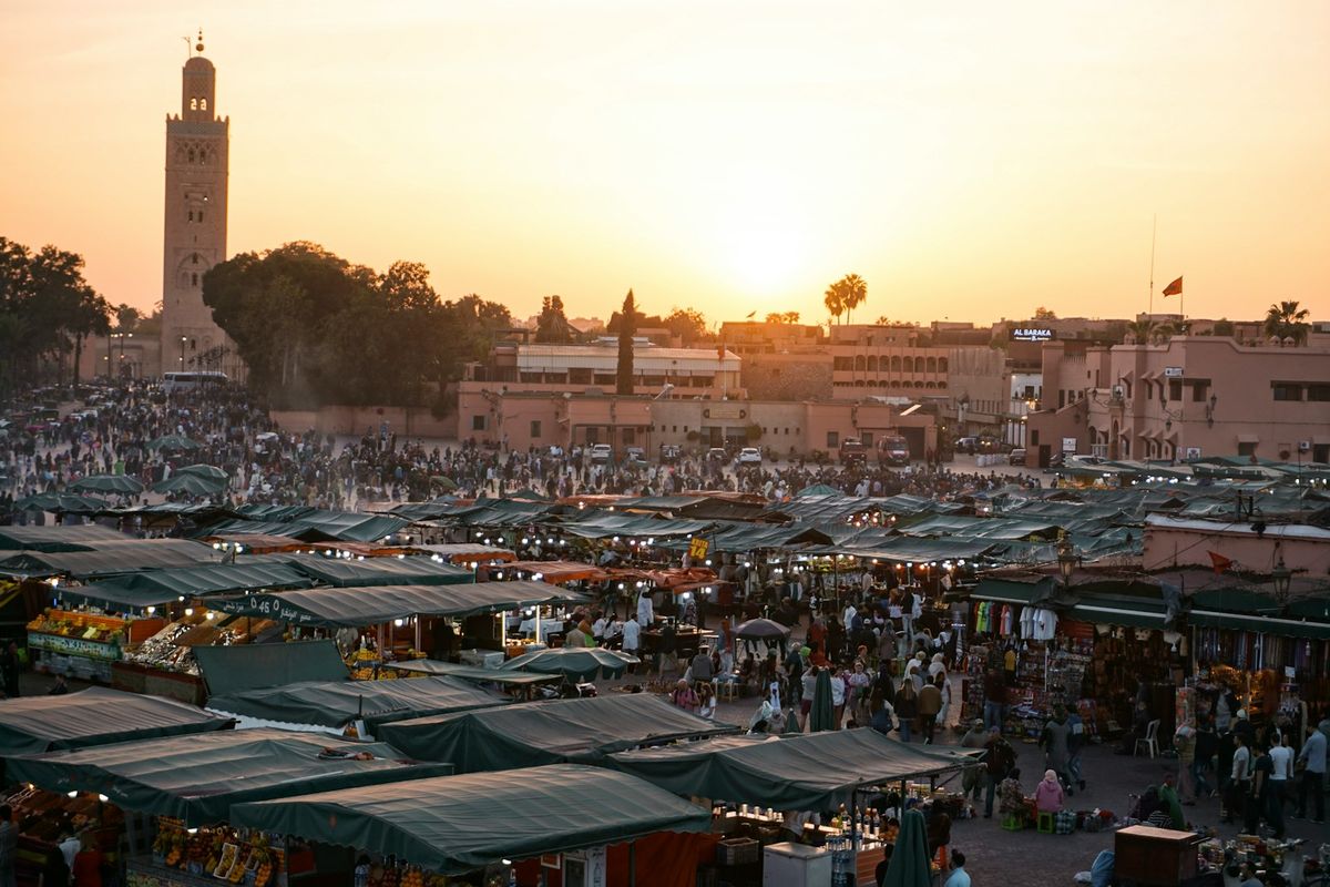 Wide view of Djemaa el-Fna square in Marrakech, Morocco