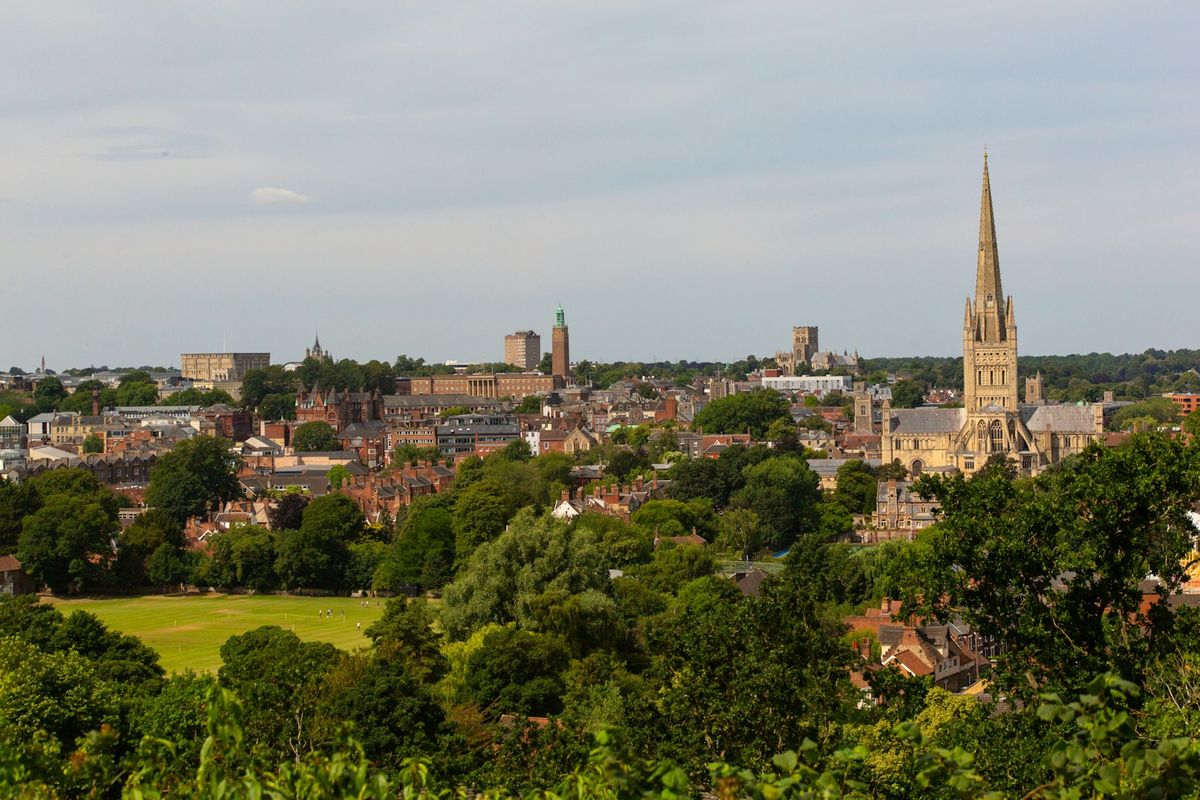 Norwich cityscape with church spire