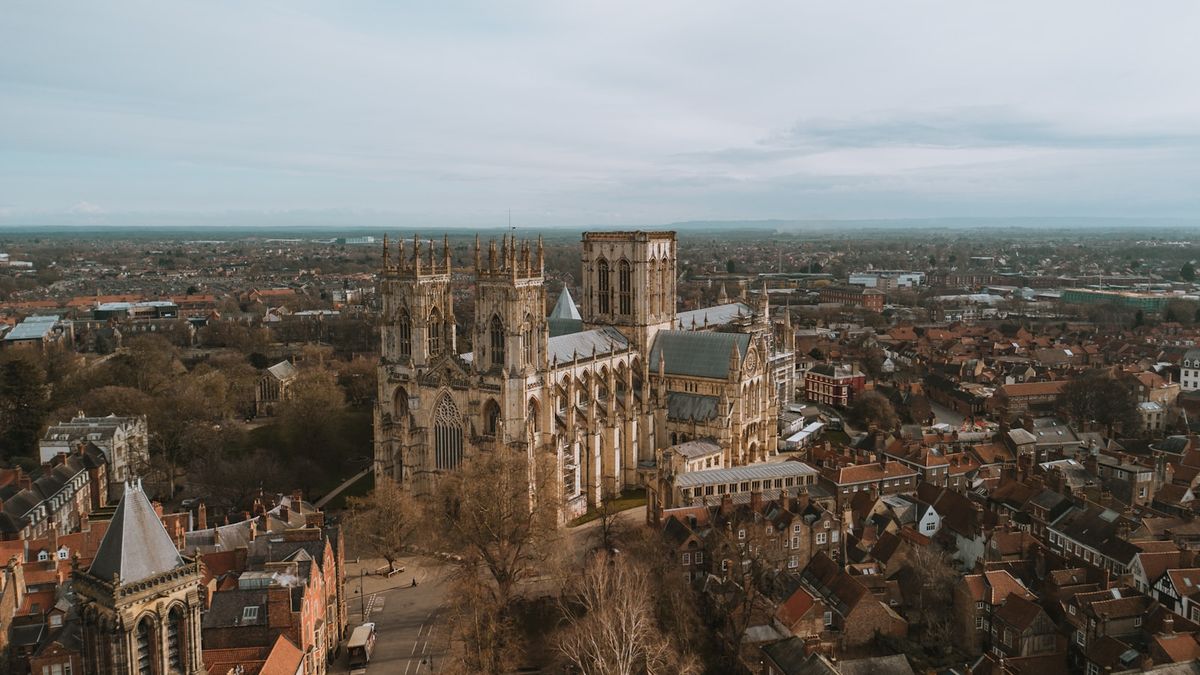 Aerial view of York city with the Minster cathedral