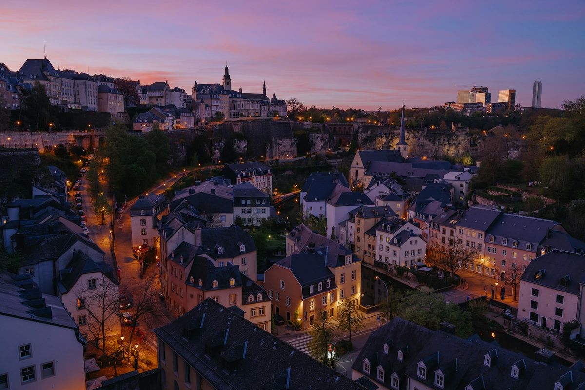 Aerial view of Luxembourg City old town at sunset
