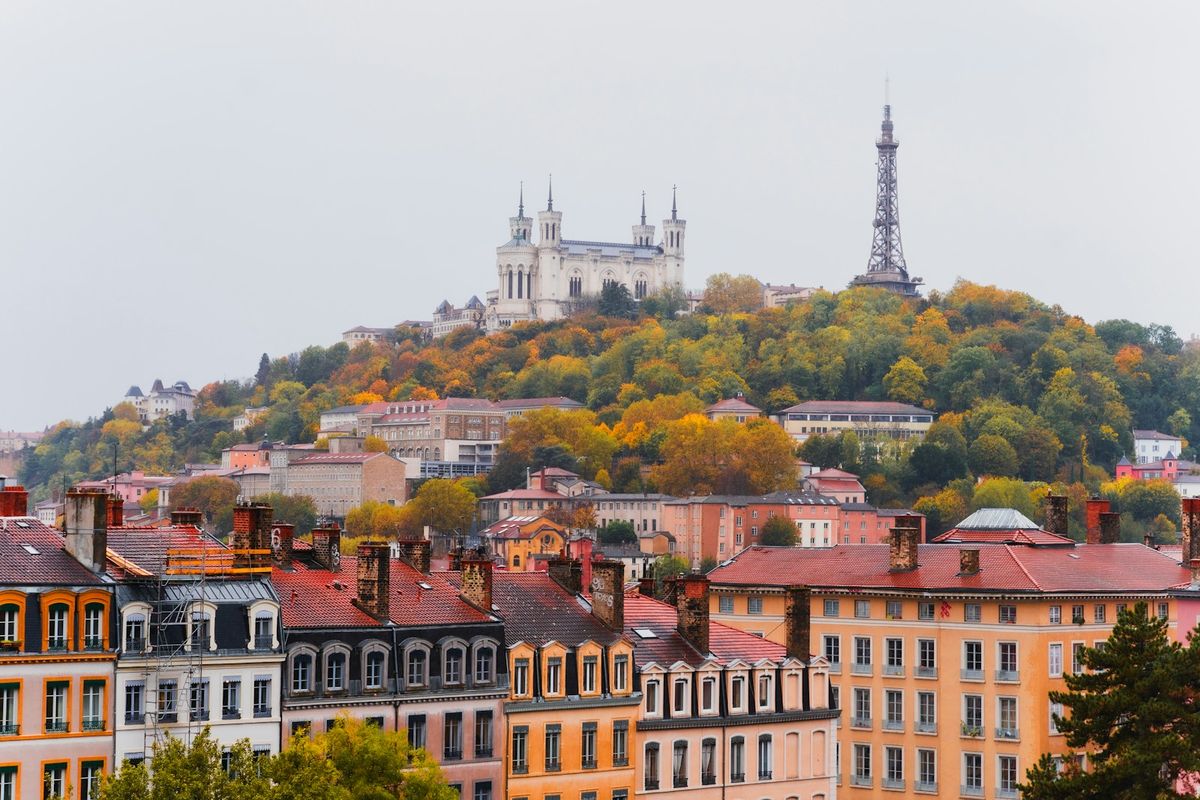 Lyon cityscape with Fourviere hill in autumn