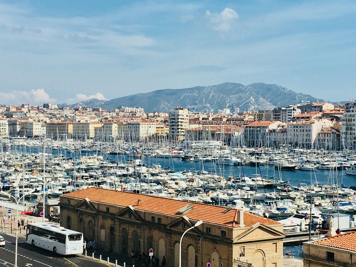 Aerial view of boats in Marseille harbour