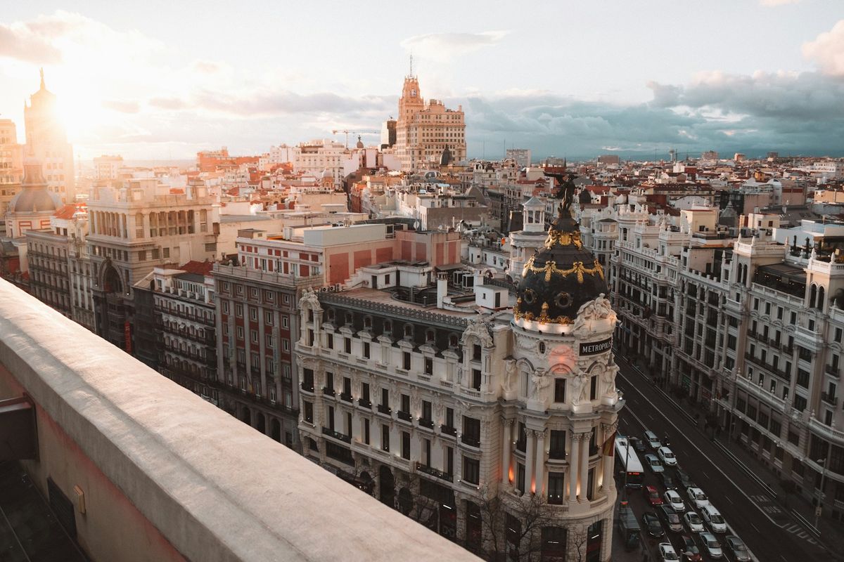 Aerial view of Madrid city buildings and streets