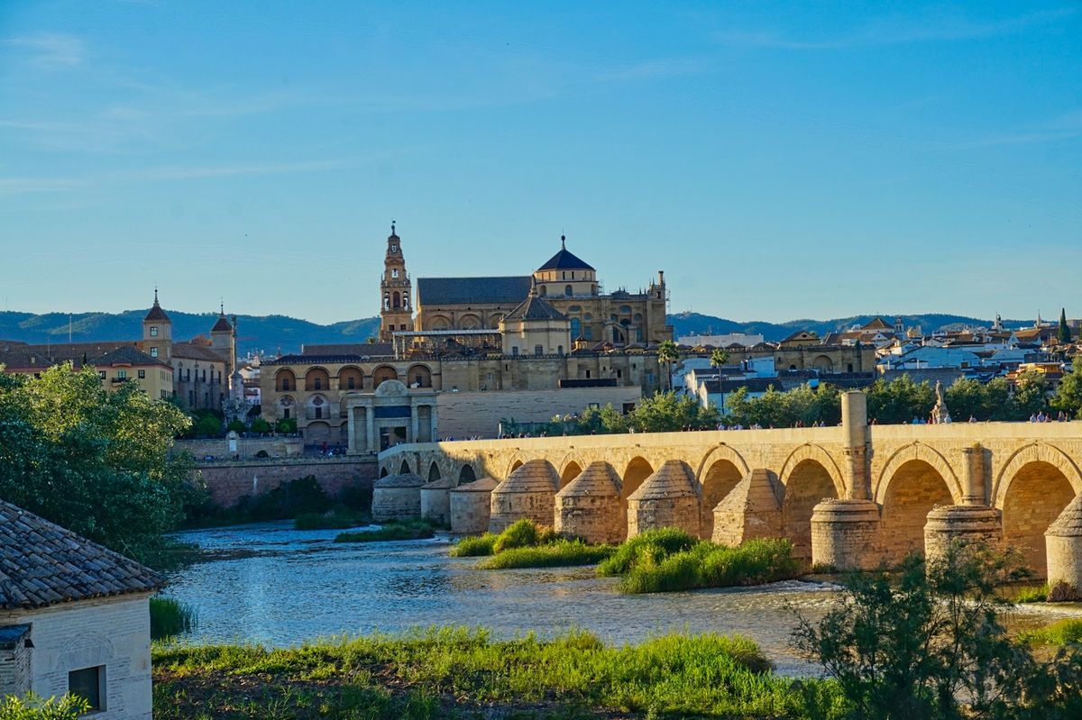 Bridge over river with castle backdrop in Cordoba, Spain