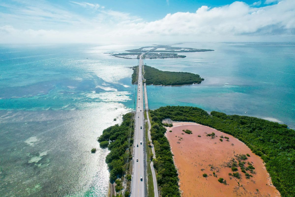 Aerial view of the Overseas Highway bridge crossing turquoise waters in the Florida Keys