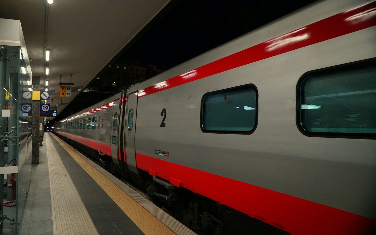 Modern Frecciarossa high-speed train at Italian station platform