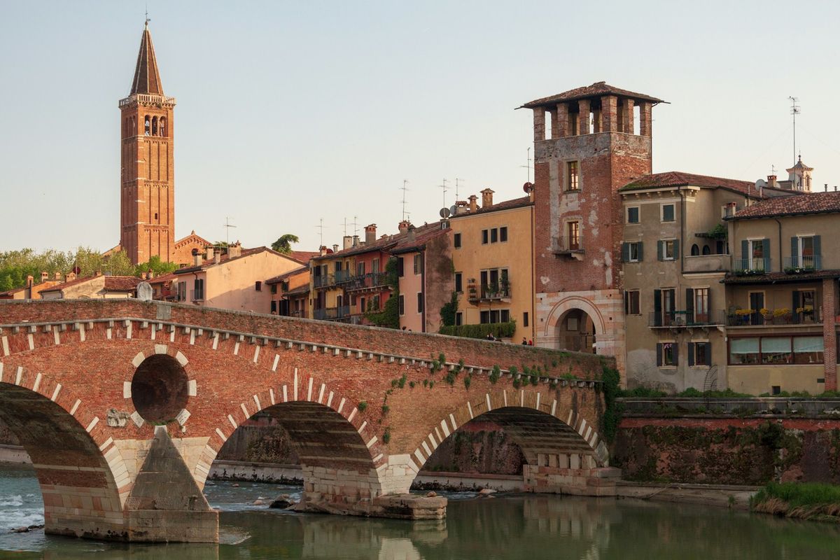 Bridge and historic buildings in Verona Italy