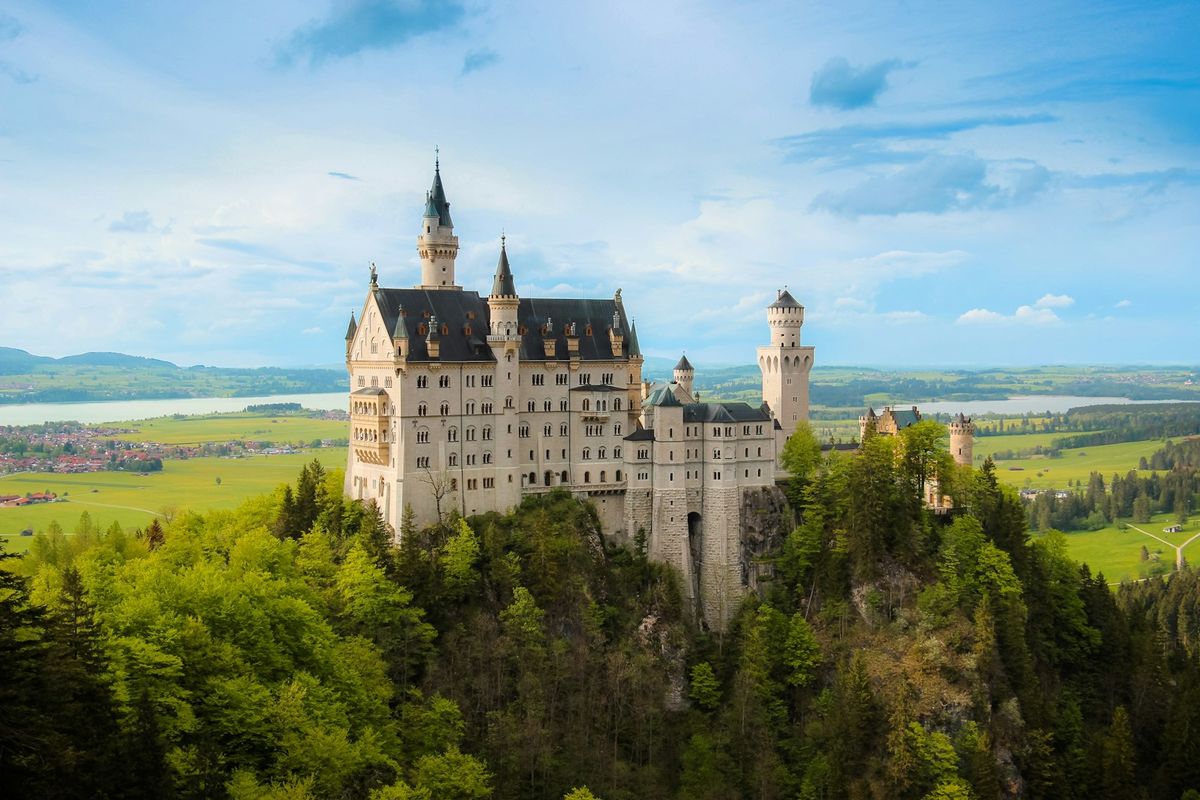 Neuschwanstein Castle seen from below on the hillside