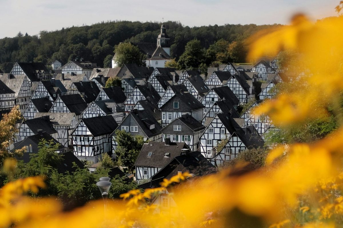 Historic Black Forest village with half-timbered houses and church spire, Germany