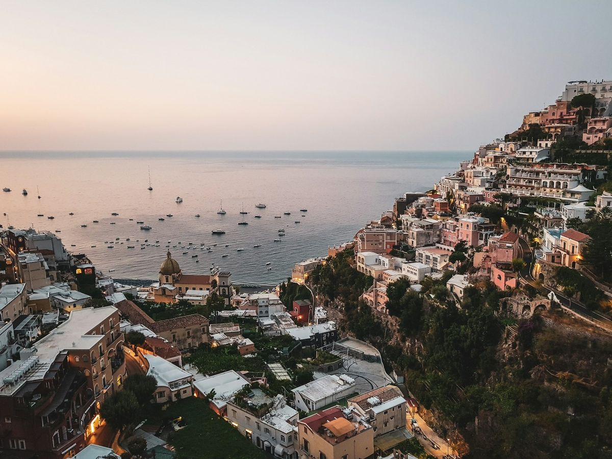 Aerial view of Positano's cliffside houses above the sea, Amalfi Coast, Italy