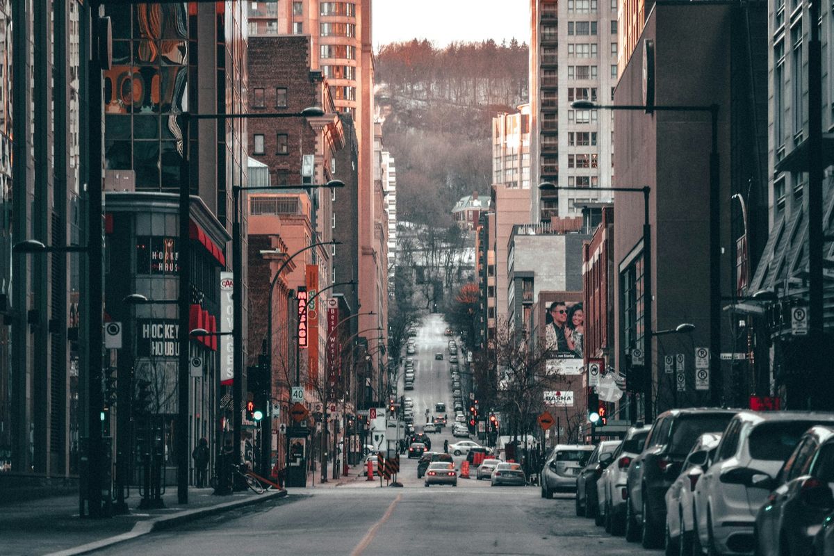Montreal downtown street with high-rise buildings