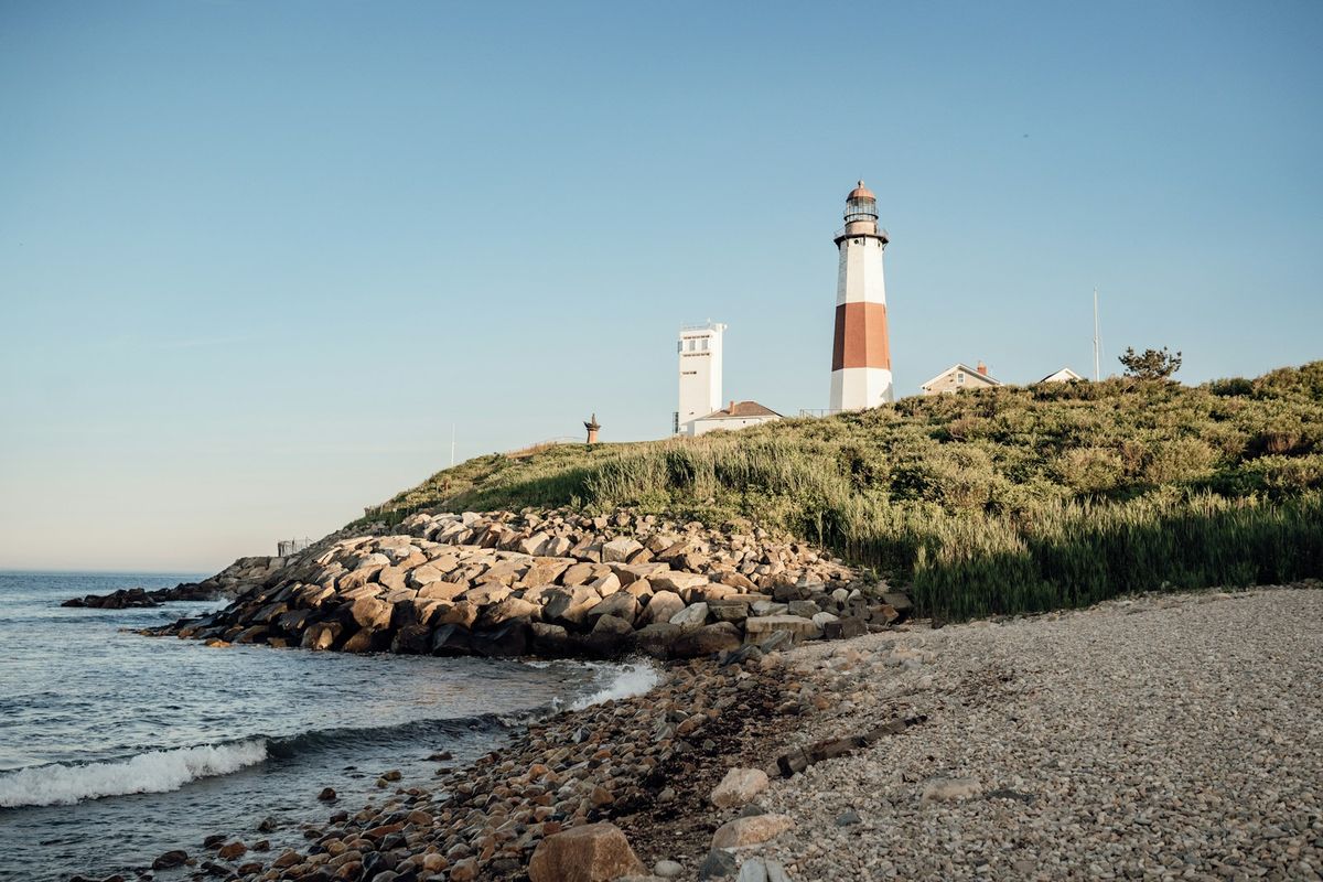 Montauk Point Lighthouse overlooking the ocean in the Hamptons, New York