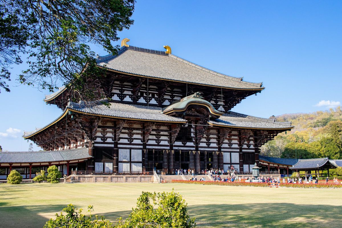 Todai-ji temple great wooden hall in lush green Nara park
