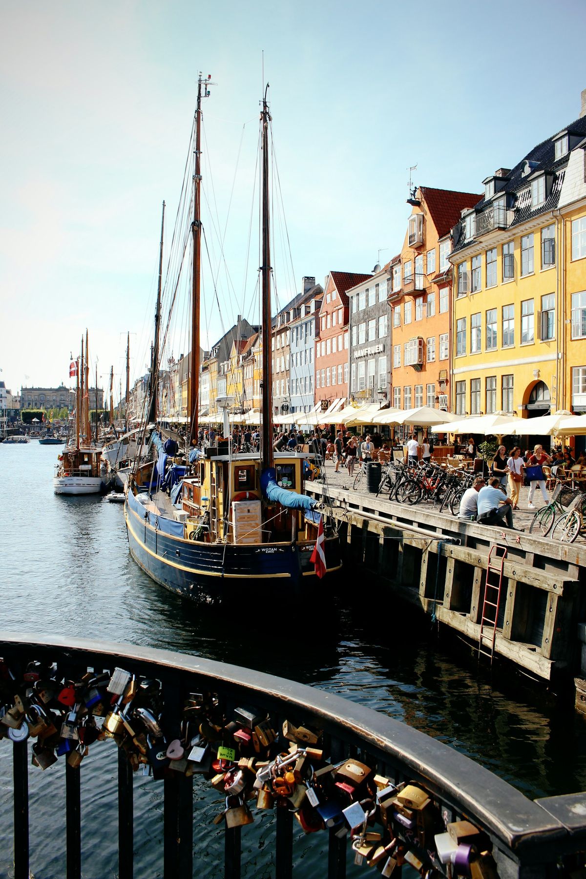Nyhavn waterfront in Copenhagen with colourful buildings and boats