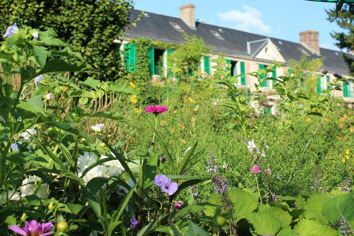 Monet's pink house with green shutters surrounded by wildflowers at Giverny