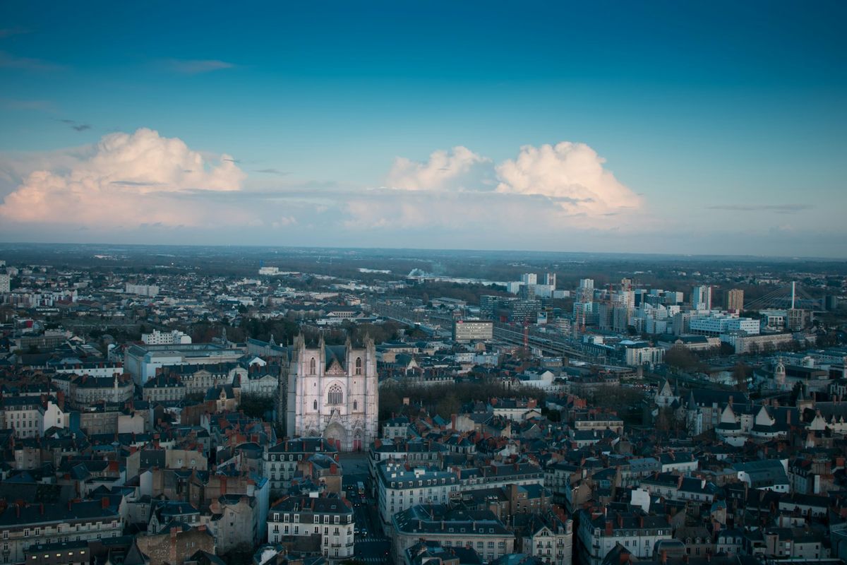 Aerial view of Nantes France city buildings
