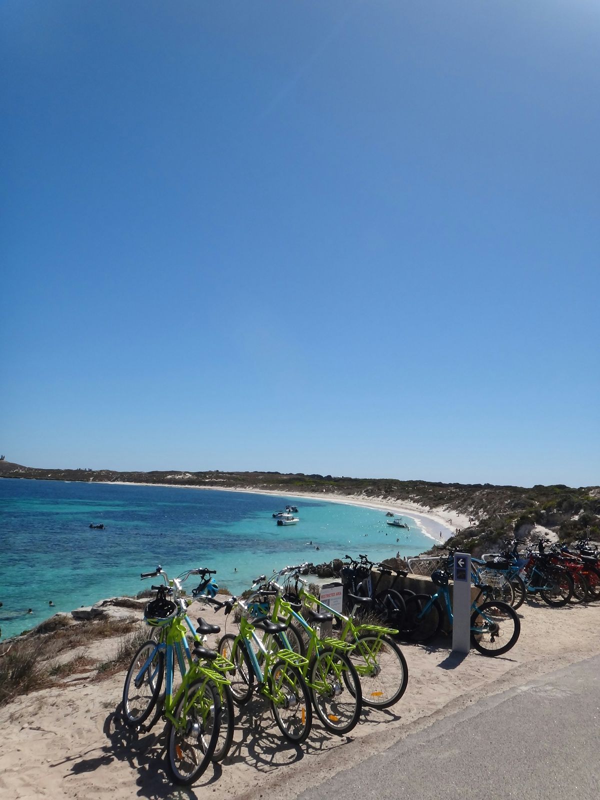 Bicycles parked beside a turquoise beach on Rottnest Island