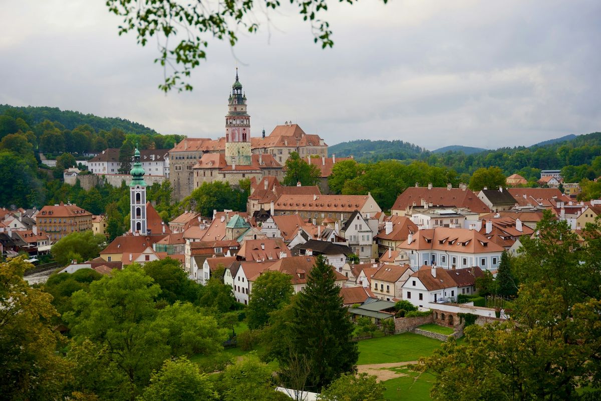 Cesky Krumlov's old town on the river bend below the castle