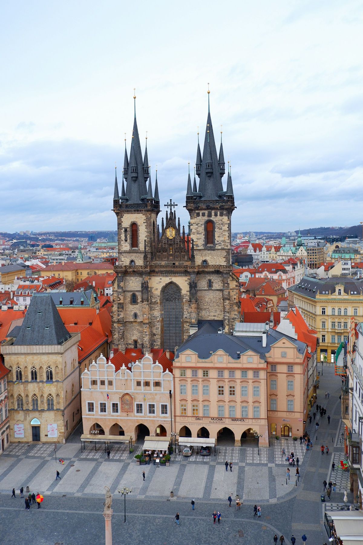Aerial view of Prague historic old town buildings