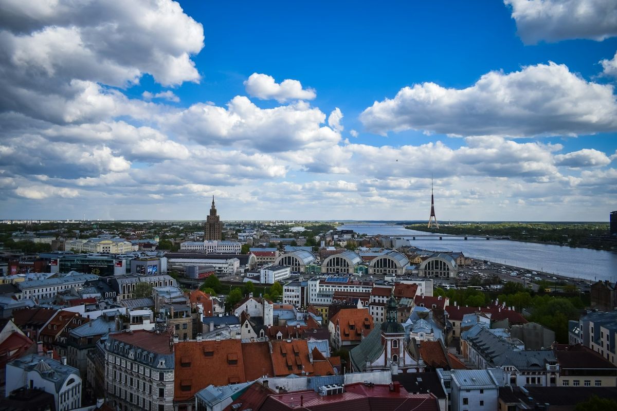 High angle aerial cityscape of Riga Latvia old town
