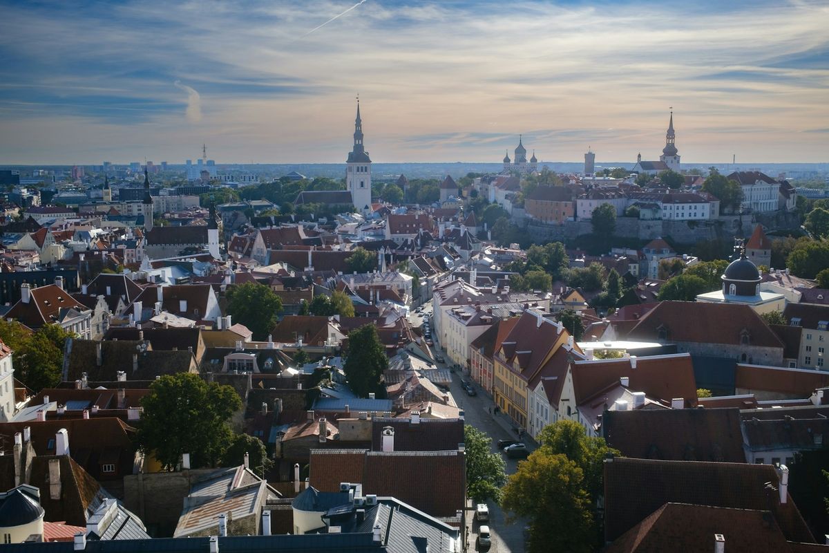 Panoramic view of Tallinn historic old town with church spires Estonia