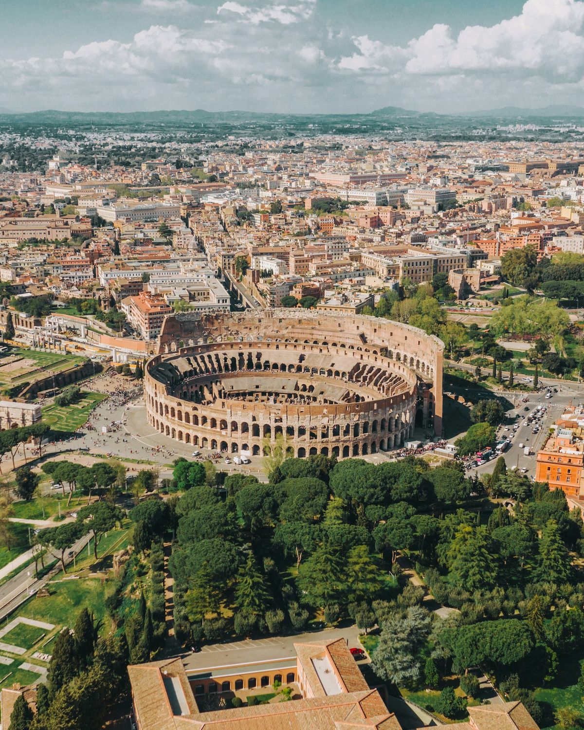 Aerial view of the Colosseum and Rome cityscape