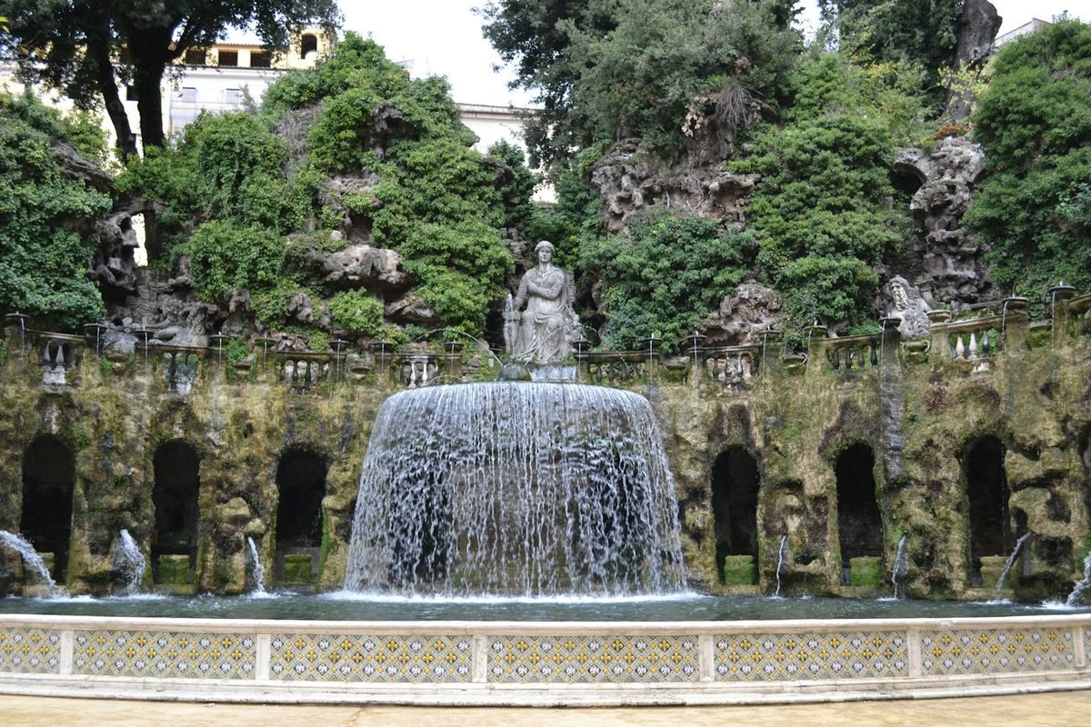 Fountain with statue at Villa d'Este gardens, Tivoli Italy