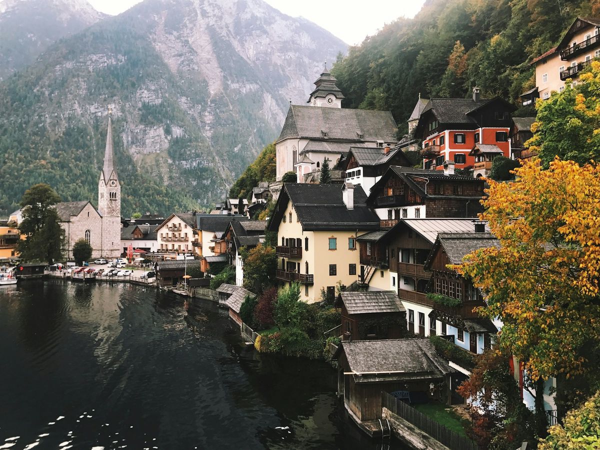 Aerial view of Hallstatt village by the lake, Austria