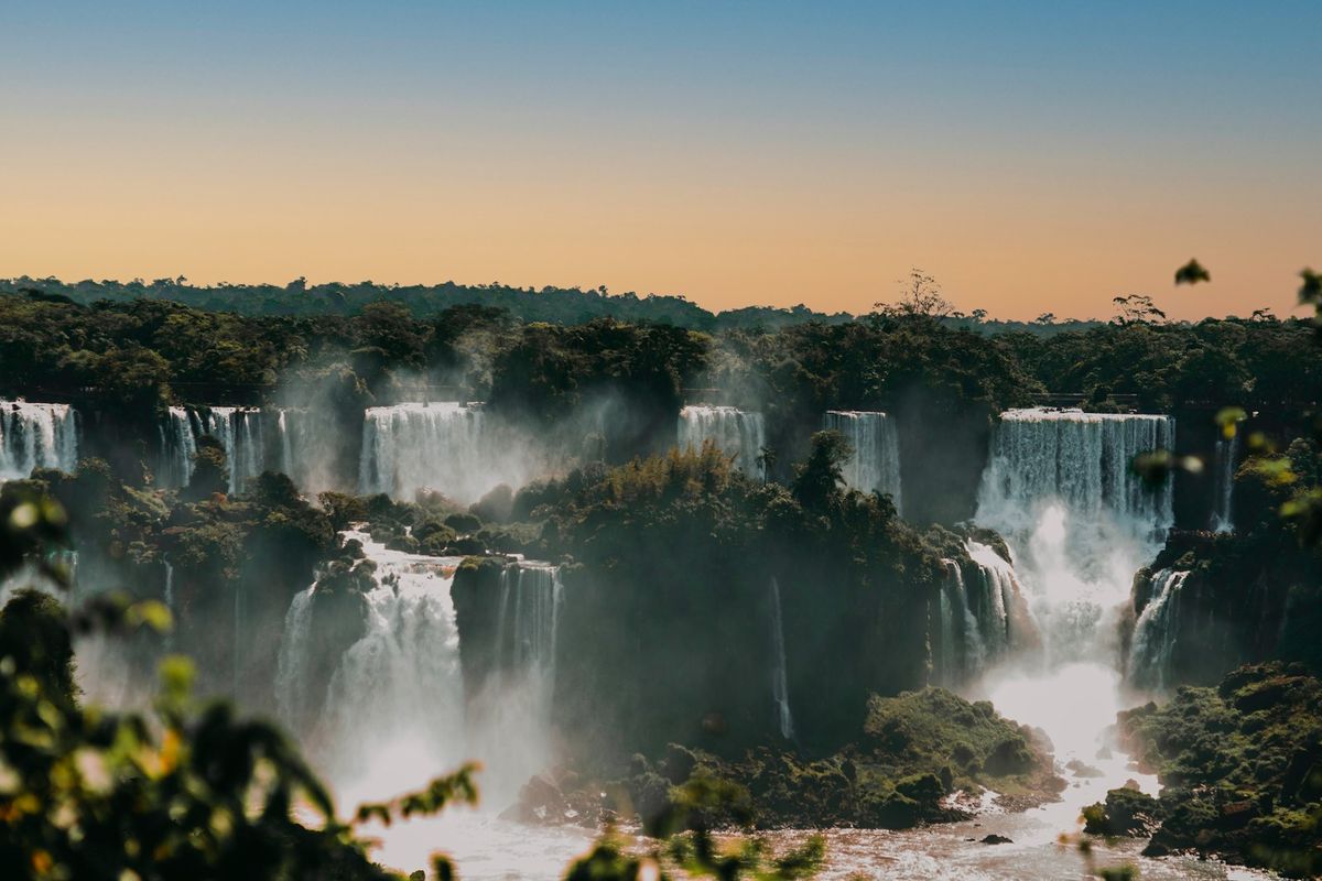 The Iguacu Falls under a clear sky