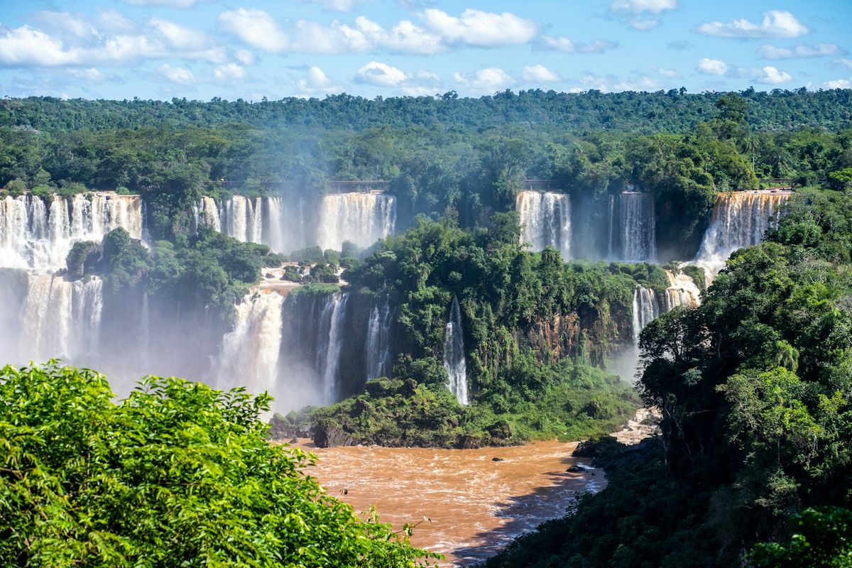Multiple waterfalls of Iguazu Falls surrounded by dense rainforest