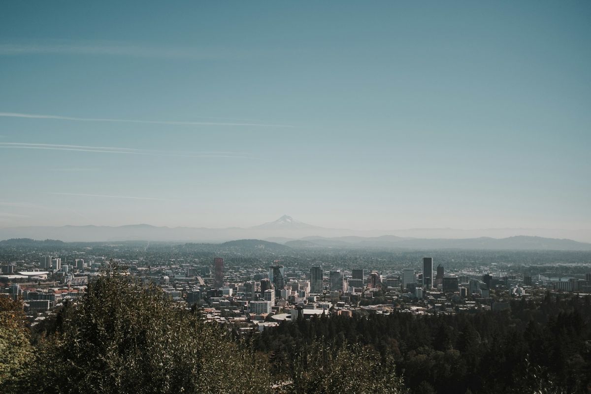 Portland skyline with snow-capped Mount Hood in the background