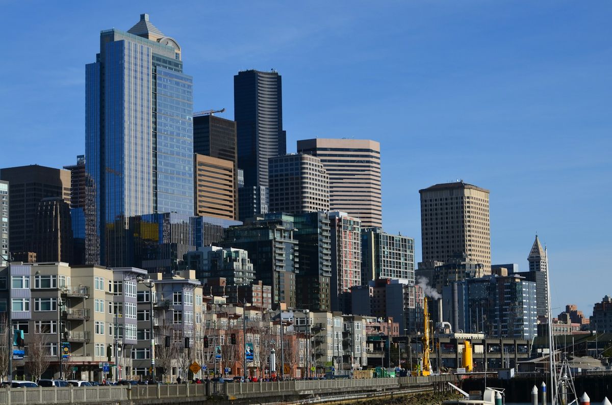Seattle city skyline under blue sky