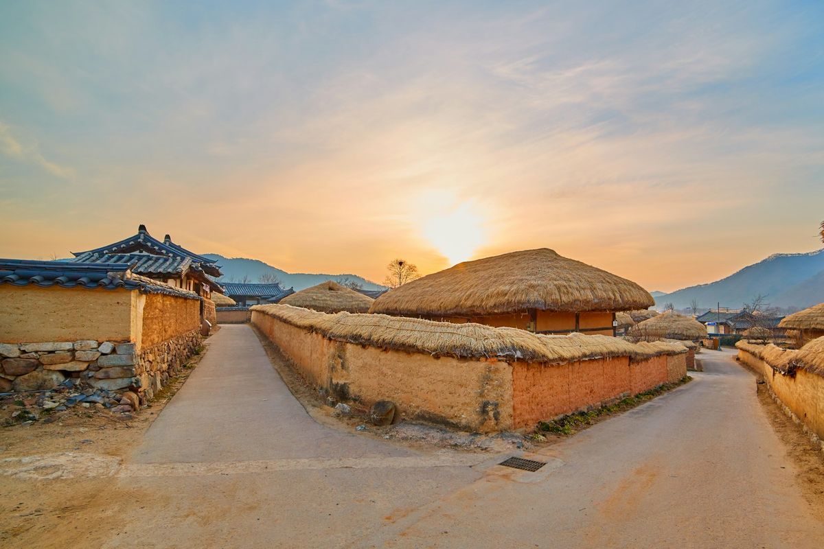 Traditional hanok village rooftops at dusk in Jeonju, South Korea