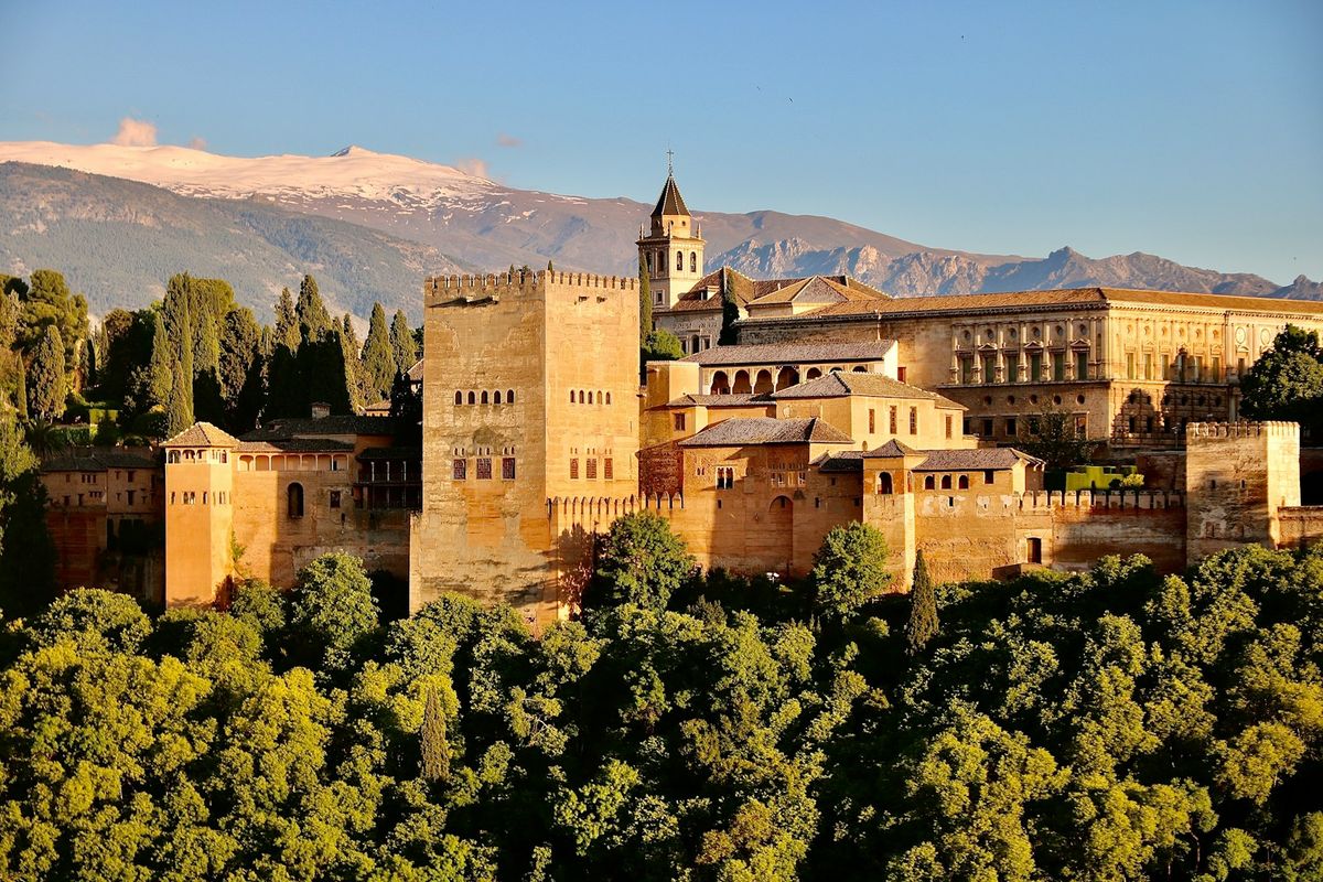 Alhambra castle surrounded by green trees in Granada