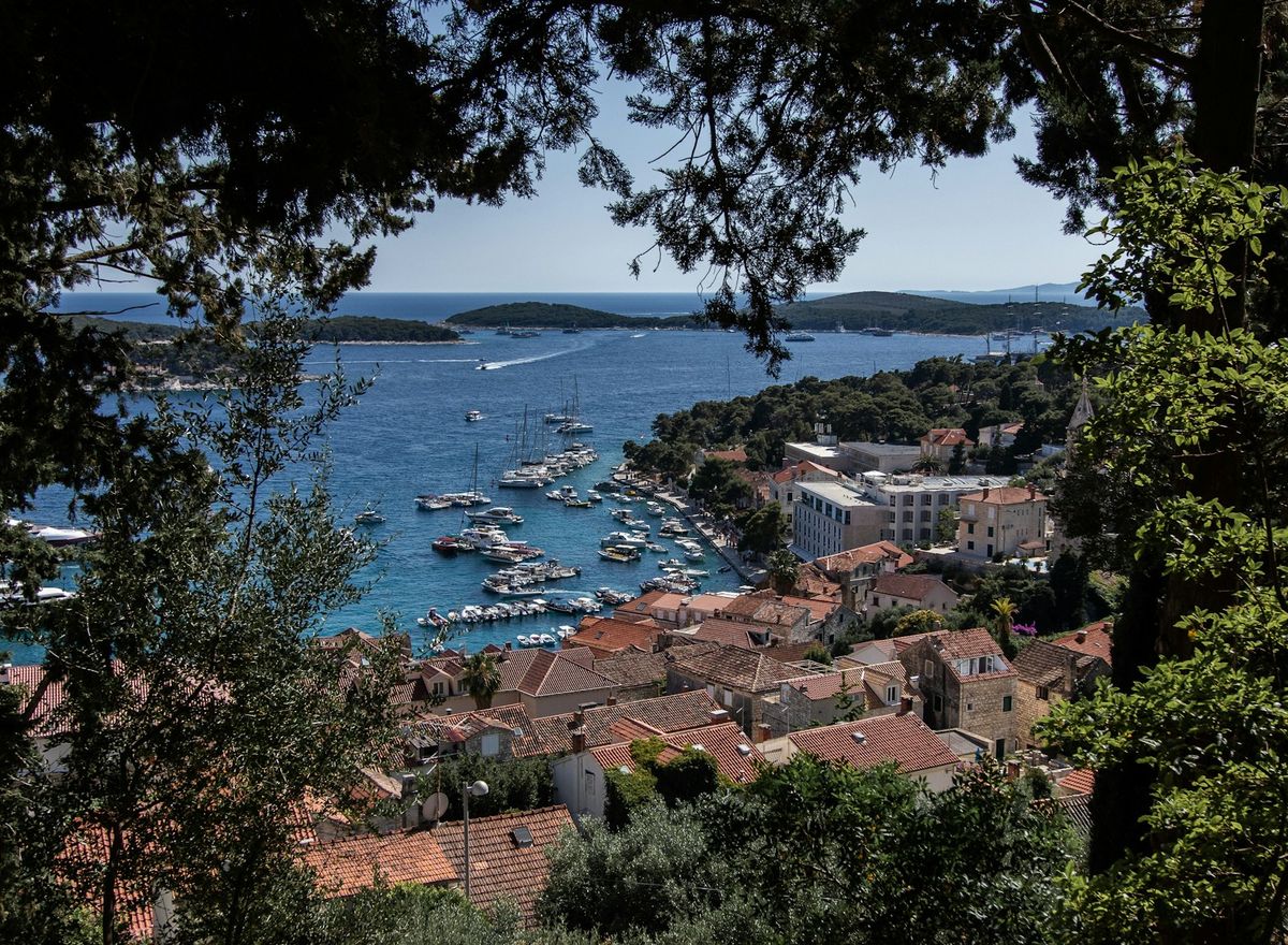 Aerial view of a ferry approaching the harbour at Hvar, Croatia