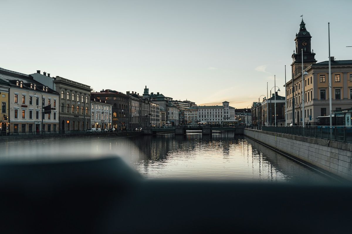 Gothenburg river waterway with urban architecture