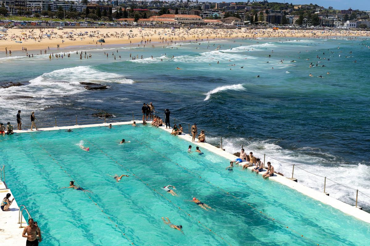 Aerial view of Bondi Beach and the Icebergs ocean pool, Sydney