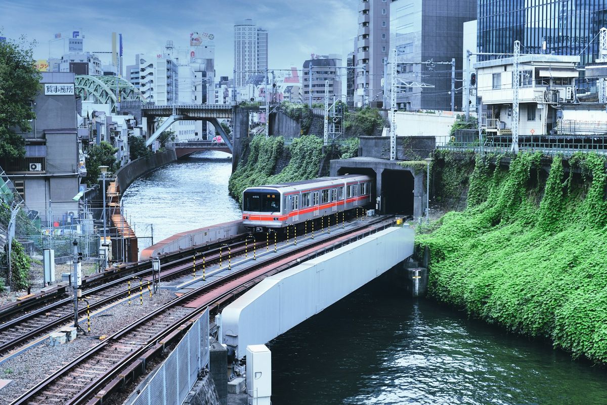 Tokyo monorail travels on elevated tracks through the city