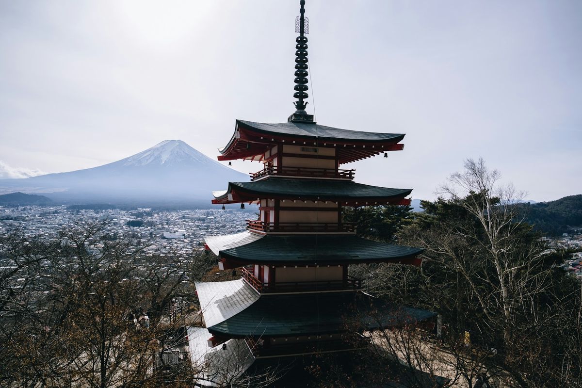 Chureito Pagoda framing Mount Fuji in the distance