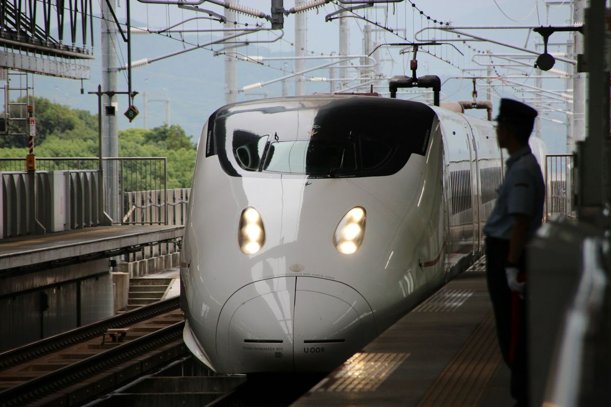 White and black Japanese bullet train on the Tohoku Shinkansen line