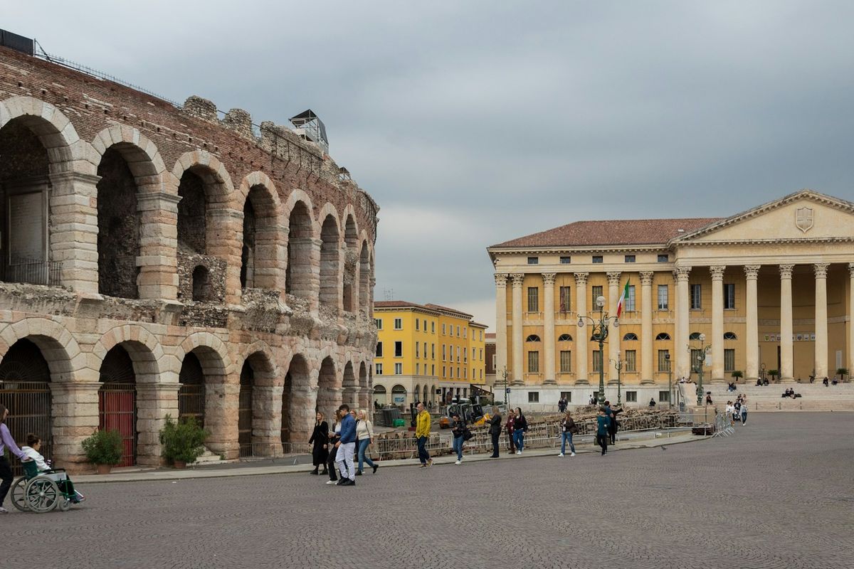 Piazza Bra with historic buildings in Verona, Italy