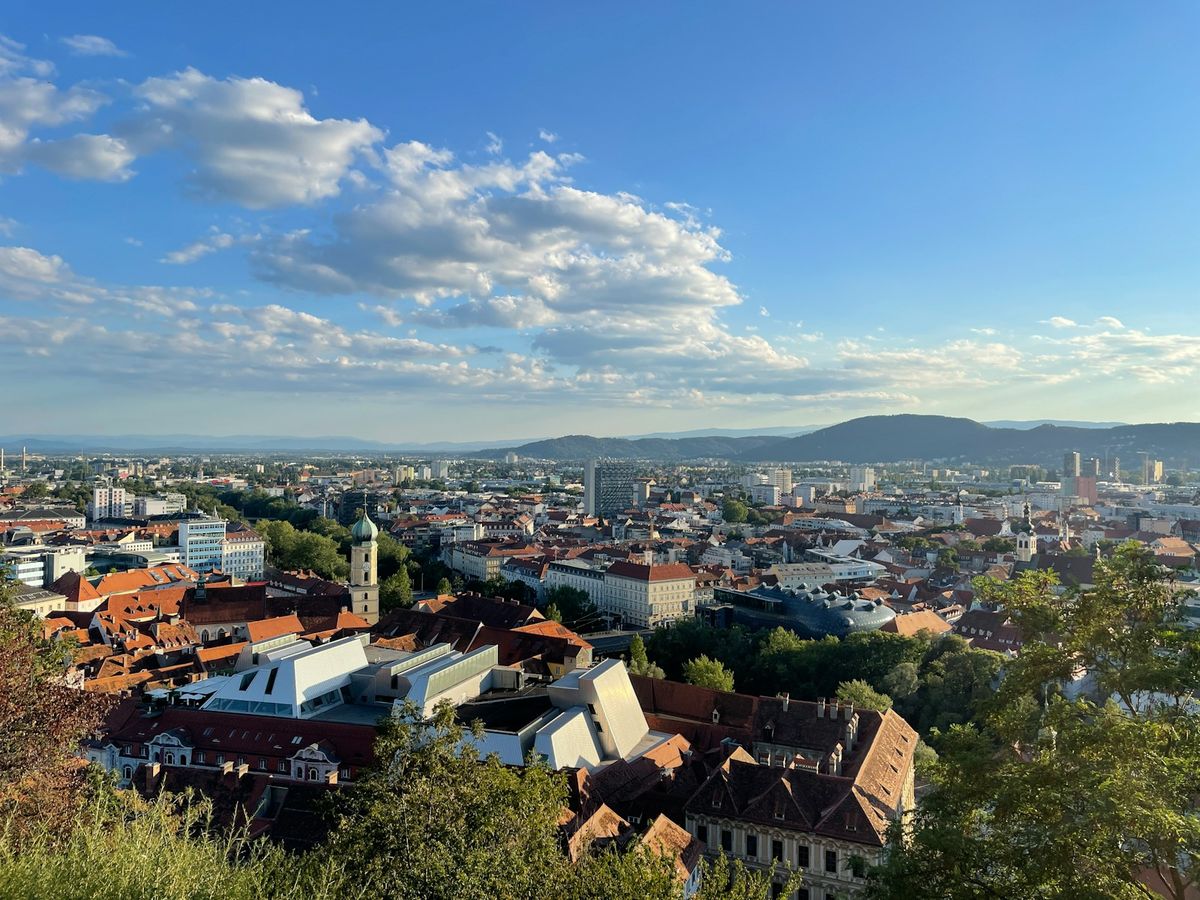 Graz city panorama viewed from hilltop Austria
